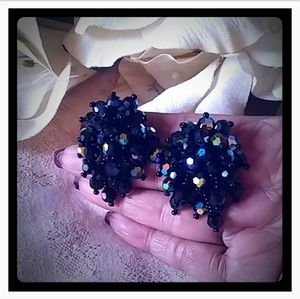 Vintage Lois Ann Black Crystal Dangle Earrings